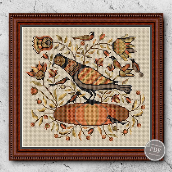 Cross Stitch Pattern, Pumpkins, Bird Pattern Happy Autumn, Happy Harvest, Fraktur, Digital PDF, Instant Download