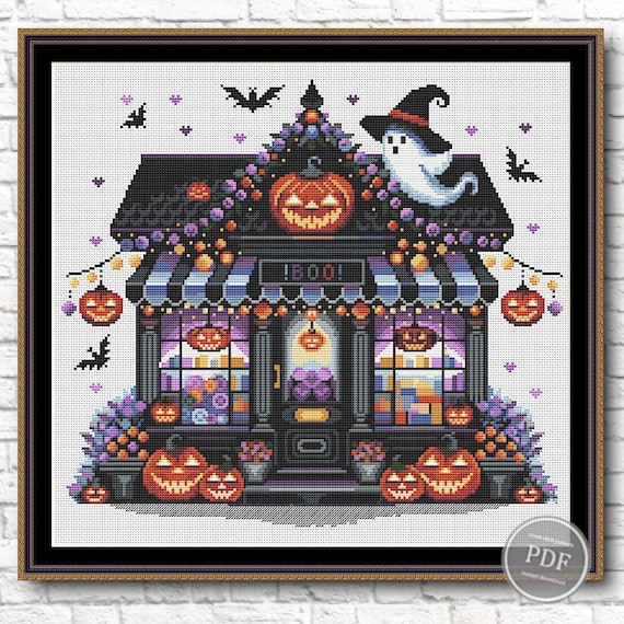 Preview of Cross Stitch Pattern Halloween Candy Shop Pumpkins Scary Halloween Modern Cross Stitch Instant Download Pattern PDF File by NARAxStitchPatterns