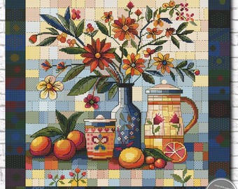 Floral Still Life Cross Stitch Pattern PDF, Kitchen Wall Art, Modern Folk Flower Bouquet, Teapot Citrus Aida Chart, DMC Digital Download 564