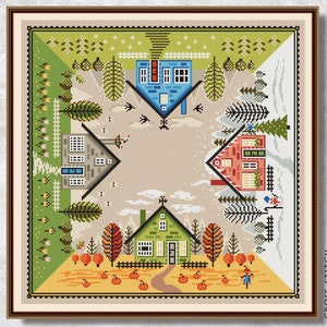 Cross stitch pattern 4 seasons House cross stitch Counted cross stitch chart Easy embroidery Spring Winter Autumn Digital download