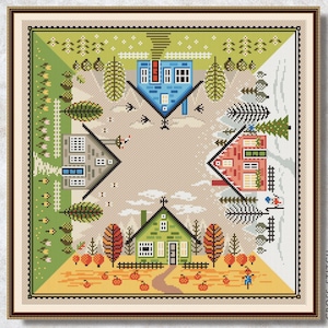 Cross stitch pattern 4 seasons House cross stitch Counted cross stitch chart Easy embroidery Spring Winter Autumn Digital download