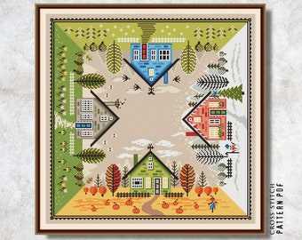 May include: Cross stitch pattern PDF for a square design featuring four houses representing the four seasons. The top house is blue with a white roof and is surrounded by green trees and flowers. The right house is red with a white roof and is surrounded by snow and a Christmas tree. The bottom house is green with a white roof and is surrounded by orange and yellow leaves and pumpkins. The left house is gray with a white roof and is surrounded by brown trees and a white fence.