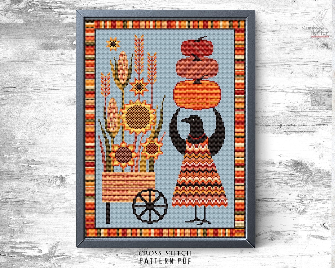Autumn Cross Stitch Pattern PDF Harvest Time Crow Xstitch Pumpkins ...