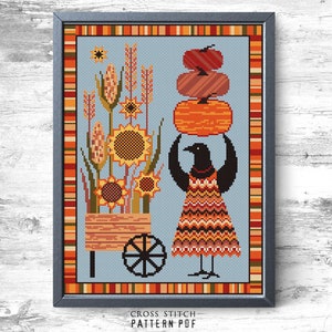 Patrón de punto de cruz de otoño PDF Tiempo de cosecha Cuervo xstitch Calabazas Girasoles Bordado fácil Gráfico de punto de cruz contado