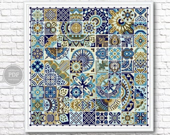 Sampler Patchwork Squares Cross stitch Mosaic PDF Monochrome Modern Embroidery. Folk Art. Instant Download