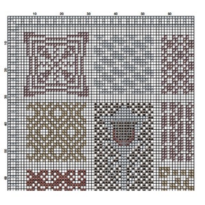 May include: A digital cross-stitch pattern featuring a geometric design with brown, gray, and white squares. The pattern is divided into four sections, each with a different design.