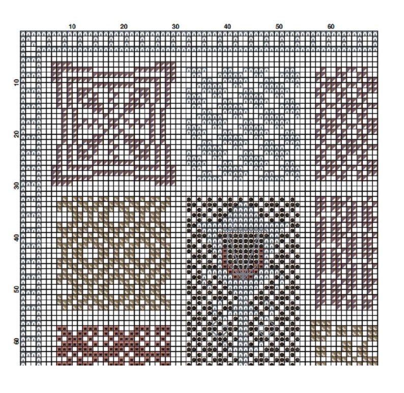 May include: A digital cross-stitch pattern featuring a geometric design with brown, gray, and white squares. The pattern is divided into four sections, each with a different design.