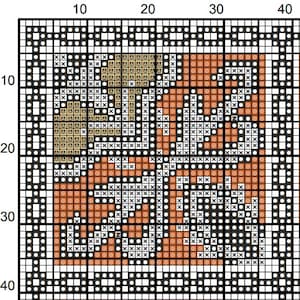 K&ouml;nnte beinhalten: Ein Kreuzstichmuster mit einem geometrischen Design aus braunen, orangefarbenen, wei&szlig;en und schwarzen Quadraten.