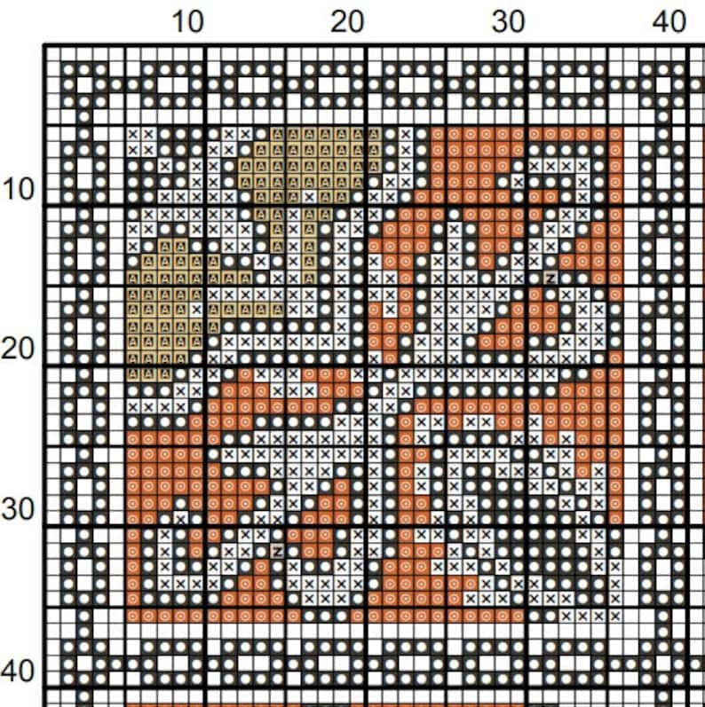 K&ouml;nnte beinhalten: Ein Kreuzstichmuster mit einem geometrischen Design aus braunen, orangefarbenen, wei&szlig;en und schwarzen Quadraten.