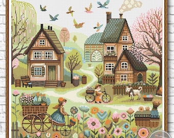 Kreuzstich Stickmuster. Dorfhäuser. Primitive Kreuzstich. Frühling im Dorf. Moderner Kreuzstich. Sofort PDF Download