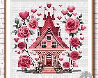 PDF de Ponto Cruz Casa de Corações, Padrão Romântico de Casa de Rosas, Bordado de Conto de Fadas de Amor, Gráfico Floral Moderno para o Dia dos Namorados, Download Instantâneo 421