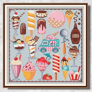 Puede incluir: Un patrón de punto de cruz colorido que presenta varios postres helados, incluyendo conos, helados, paletas y un camión de helados vintage. El patrón está sobre un fondo azul claro.