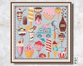 Ice cream cross stitch pattern PDF Sundae cross stitch chart Sweets stitching Ice cream truck Easy embroidery Instant download