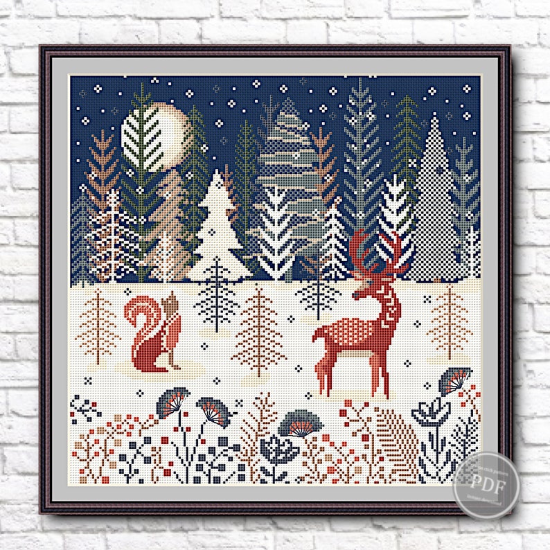 Cross Stitch Pattern PDF Winter, Deer Scandinavian, Winter Village ...