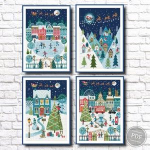 May include: Four cross-stitch patterns featuring winter scenes with a Christmas theme. Each pattern depicts a different scene, including a skating rink, a snowy mountain village, a house with a Christmas tree, and a town square with a Ferris wheel.