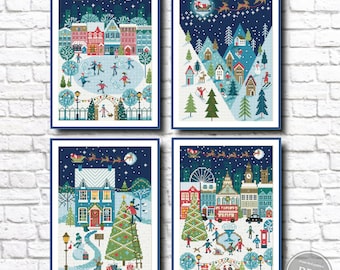 May include: Four cross-stitch patterns featuring winter scenes with a Christmas theme. Each pattern depicts a different scene, including a skating rink, a snowy mountain village, a house with a Christmas tree, and a town square with a Ferris wheel.