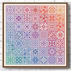 Patchwork Cross Stitch Muestra iridiscente patrón de punto de cruz Quaker xstitch Folk Squares Tile Tabla de punto de cruz Bordado simple