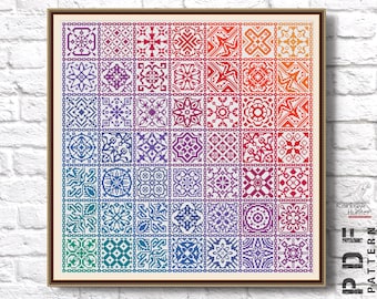 Patchwork Cross Stitch Iridescent sampler cross stitch pattern Quaker xstitch Folk Squares Tile Cross stitch chart Simple embroidery