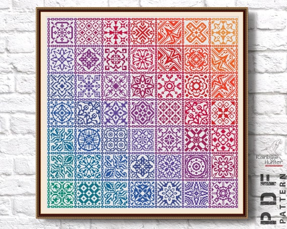 Preview of Patchwork Cross Stitch Iridescent sampler cross stitch pattern Quaker xstitch Folk Squares Tile Cross stitch chart Simple embroidery by NARAxStitchPatterns