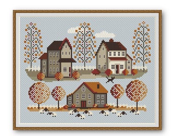 Cross Stitch Pattern Sampler Autumn Village Embroidery Cross stitch chart Counted cross stitch Digital PDF File Instant Download