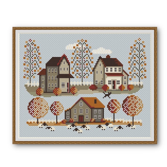 Preview of Cross Stitch Pattern Sampler Autumn Village Embroidery Cross stitch chart Counted cross stitch Digital PDF File Instant Download by NARAxStitchPatterns