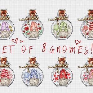 Gnome bundle cross stitch pattern, Bottle cross stitch set of 8, Cute gnome cross stitch chart, Digital PDF