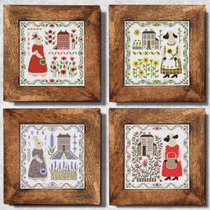 Cross stitch sampler set of 4 Flower cross stitch Cute bunny Home primitive pattern Counted cross stitch chart Simple embroidery