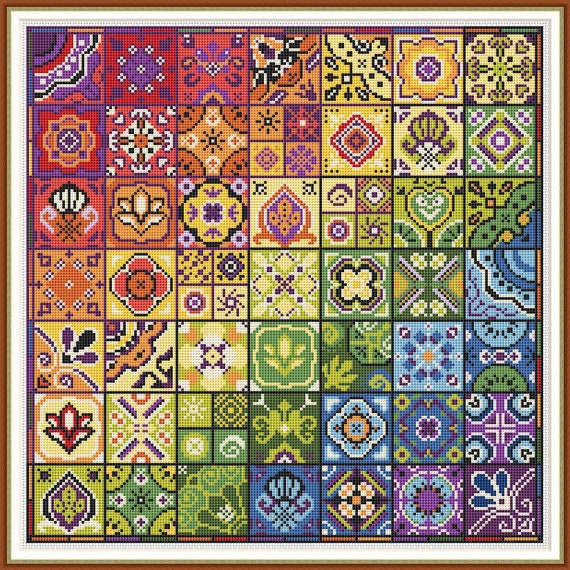 Preview of Rainbow Folk Cross Stitch Pattern PDF, Colorful Patchwork Sampler with Geometric Tiles, Modern Ethnic Embroidery Chart, Instant Download 461 by NARAxStitchPatterns