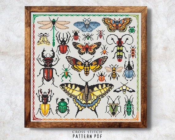 Preview of Insects cross stitch Bugs cross stitch pattern PDF Butterflies Nature stitching Counted cross stitch Entomology collage Instant download by NARAxStitchPatterns