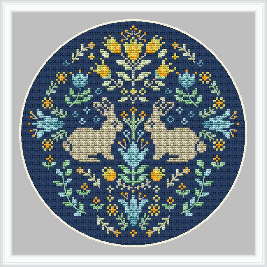 Easter Bunny Cross Stitch Pattern PDF - Floral Wreath Egg Hunt Design ...