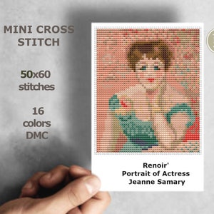 May include: A cross stitch pattern for a portrait of actress Jeanne Samary by Pierre-Auguste Renoir. The pattern is 50 stitches wide by 60 stitches high and uses 16 colors of DMC floss.