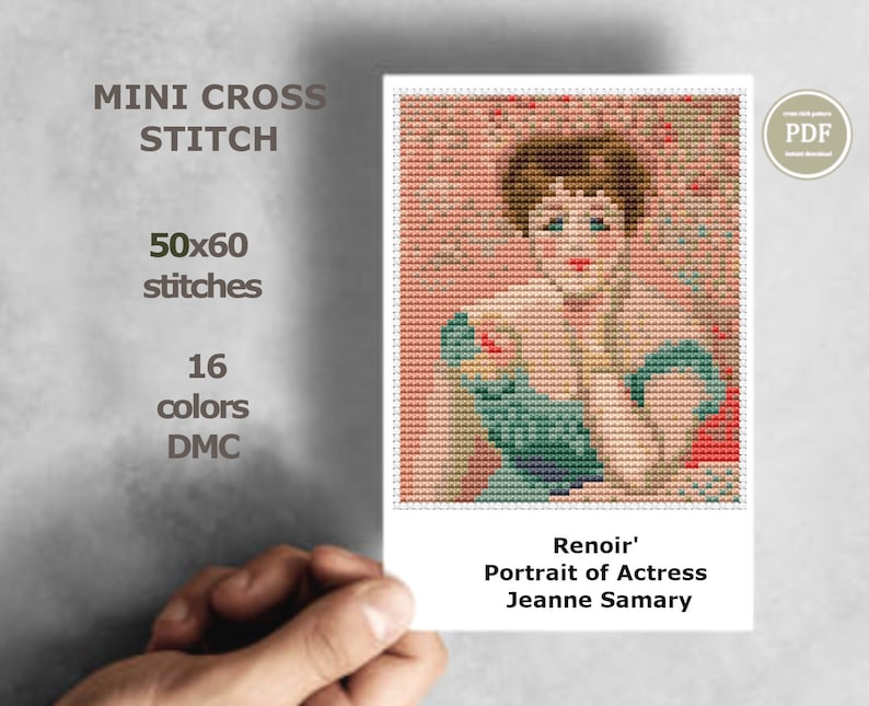 Miniature cross stitch pattern inspired by Renoir's portrait of Jeanne Samary, perfect for modern embroidery projects.