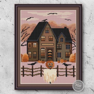 Sampler Autumn Village Pumpkins Cross Stitch Pattern Embroidery Digital PDF File Instant Download