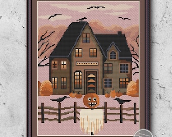Sampler Autumn Village Pumpkins Cross Stitch Pattern Embroidery Digital PDF File Instant Download