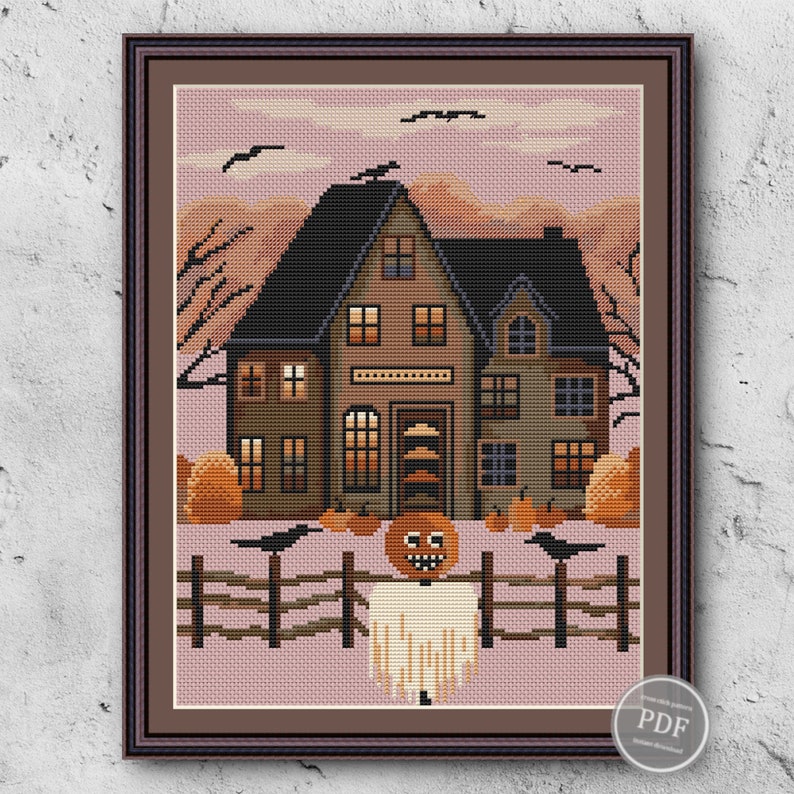 Sampler Autumn Village Pumpkins Cross Stitch Pattern Embroidery Digital ...