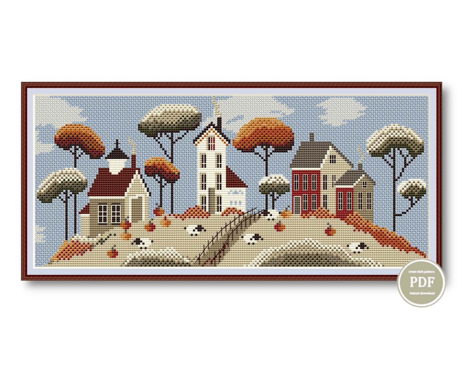 Cross Stitch Pattern Sampler Pumpkins Autumn Village Embroidery Fall ...