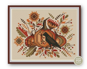 Cross Stitch Pattern Autumn Harvest Sunflowers Pumpkins and Crow Happy Halloween PDF File Instant Download