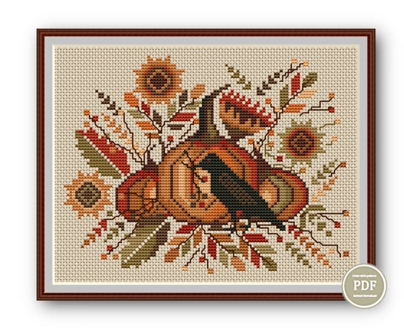Preview of Cross Stitch Pattern Autumn Harvest Sunflowers Pumpkins and Crow Happy Halloween PDF File Instant Download by NARAxStitchPatterns