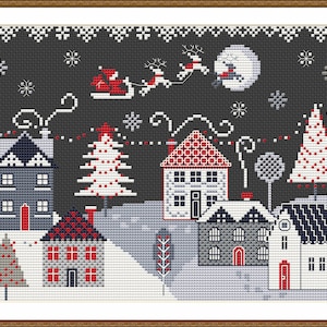 Christmas Cross Stitch Pattern – Santa Claus Coming to Town, Winter Village Sampler, Primitive Holiday Embroidery, Instant PDF Download 244