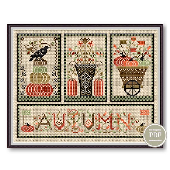 Preview of Cross Stitch Pattern Sampler Autumn Embroidery Pumpkins Digital PDF File Instant Download by NARAxStitchPatterns