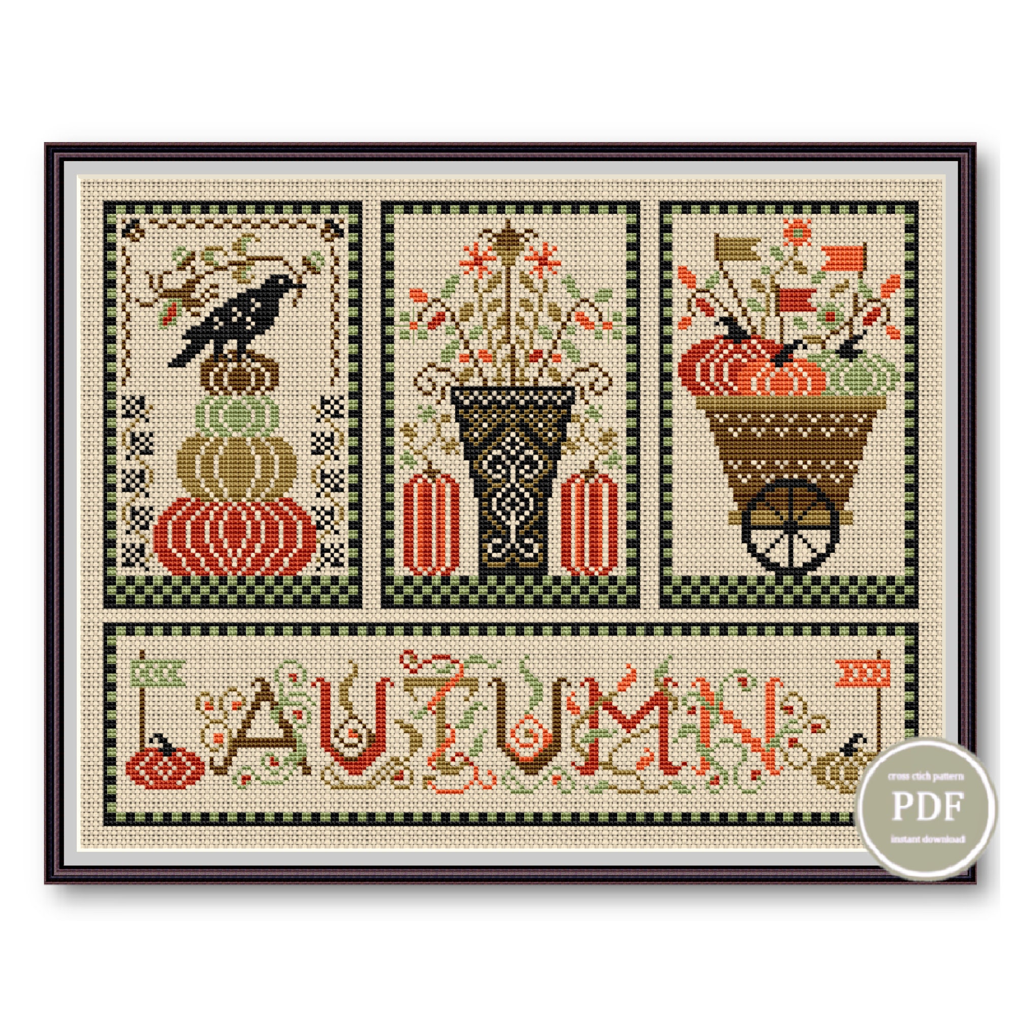 Cross Stitch Pattern Sampler Autumn Embroidery Pumpkins Digital PDF ...