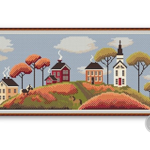 May include: Cross stitch pattern of a quaint village with houses, a church, and trees. The houses are red, yellow, and white, and the church is white with a red door. The trees are green and brown, and the sky is blue with white clouds.