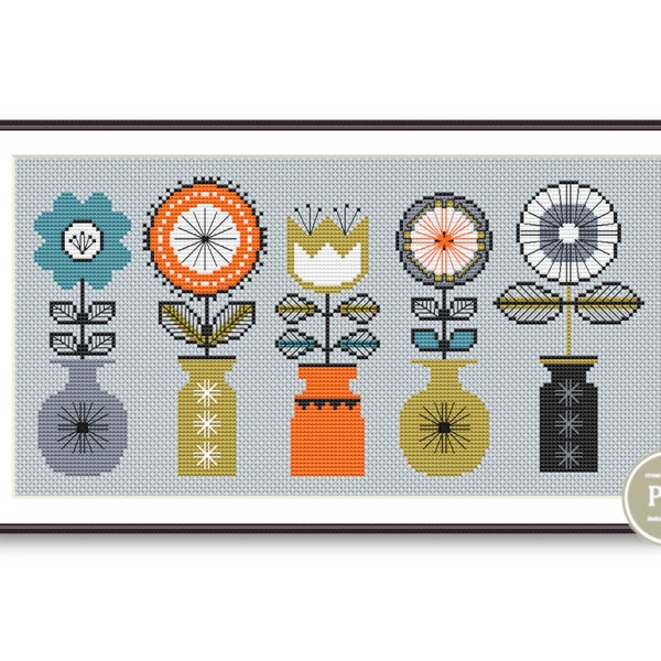 Patrón de punto de cruz floral, flores en un jarrón estilo retro, punto de cruz moderno, gráfico de bordado de flores, decoración de pared con flores