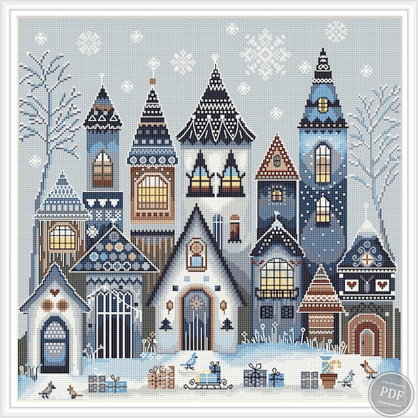 Patrón de punto de cruz de pueblo navideño, muestrario de casas con castillos invernales, gráfico navideño primitivo contado (PDF, descarga instantánea, 500)