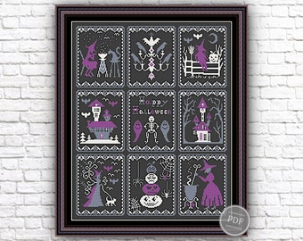 Spöklikt Halloween-prov Korsstygnsmönster Spöklika fladdermöss och häxor PDF-fil Direktnedladdning Xstitch PDF-mönster