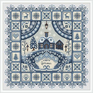 Może przedstawiać: Wzór haftu krzyżykowego w kolorze niebieskim i białym przedstawiający zimową scenę z domami, drzewami i śnieżynkami. Tekst "Merry Christmas" jest wyszyty w środku wzoru.