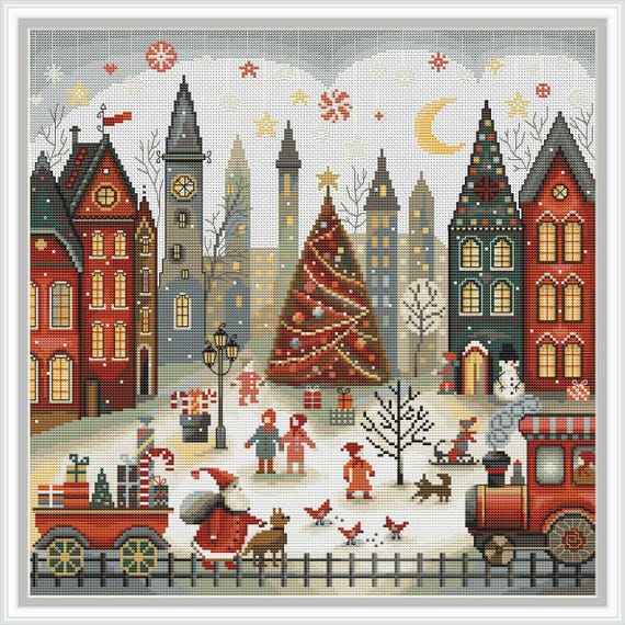 Preview of Cross stitch pattern Merry Christmas, Christmas holidays, Christmas city. Merry Christmas Sample PDF Instant Download 491 by NARAxStitchPatterns
