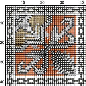 Może przedstawiać: Wz&oacute;r do haftu krzyżykowego z geometrycznym wzorem, w kt&oacute;rym występują kwadraty w kolorze brązowym, pomarańczowym, białym i czarnym.