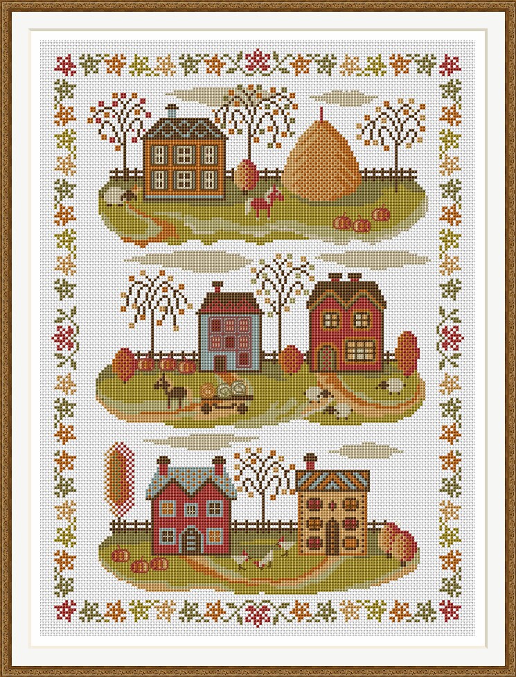 Autumn Village Cross Stitch Pattern PDF – Fall Sampler Embroidery ...