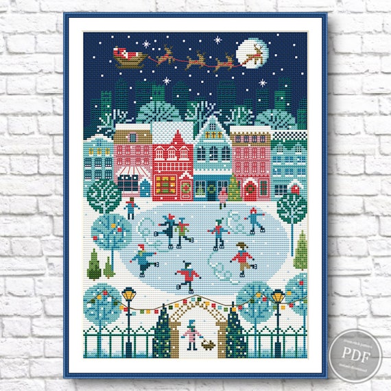 Preview of Cross stitch pattern Merry Christmas, Christmas holidays, Christmas city. Winter Cross Stitch  Pattern, PDF Instant Download by NARAxStitchPatterns